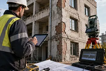 Инженер проводит техническое обследование здания с использованием измерительного оборудования